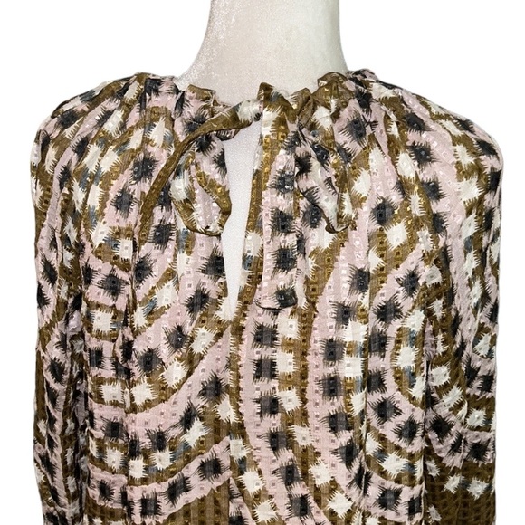 Marie Oliver Jenna Silk Blend Tapenade Mosaic Print Tie Back Blouse - M - Picture 10 of 15